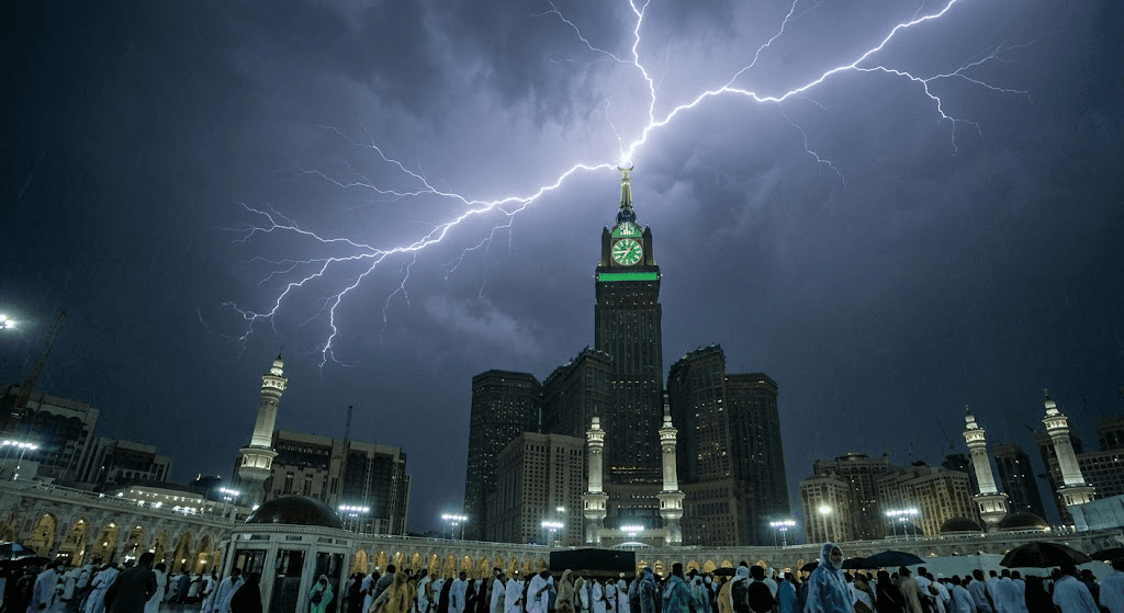 Massive Lightning Bolt Strikes Mecca's Iconic Clock Tower Amid Severe Storms