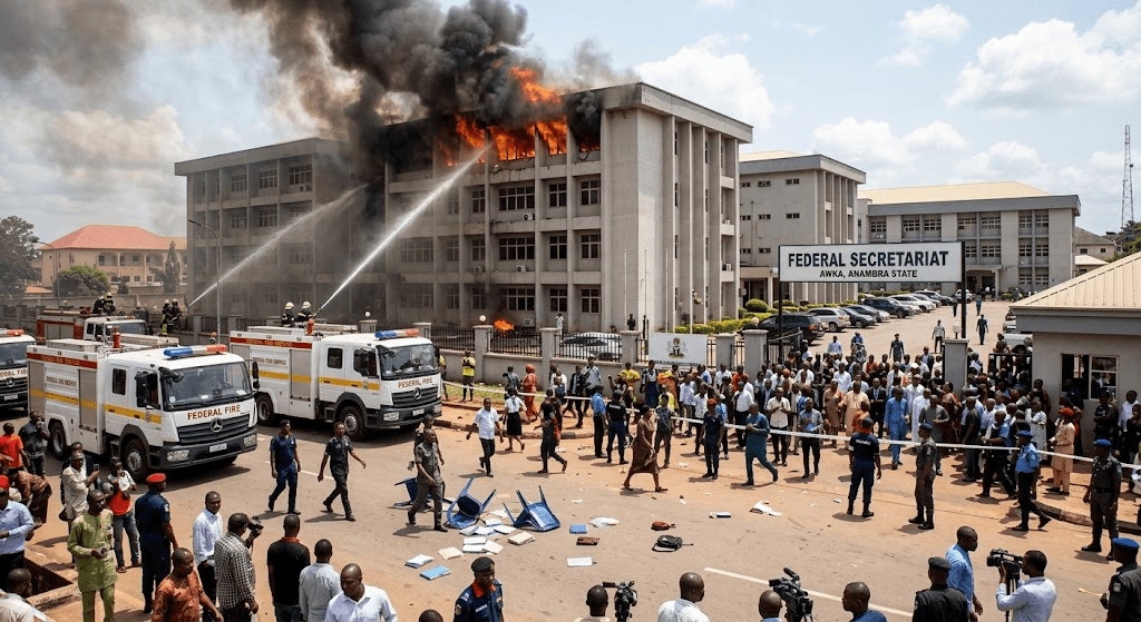 Panic in Awka: Fire Breaks Out at Federal Secretariat Complex, Triggering Mass Evacuation