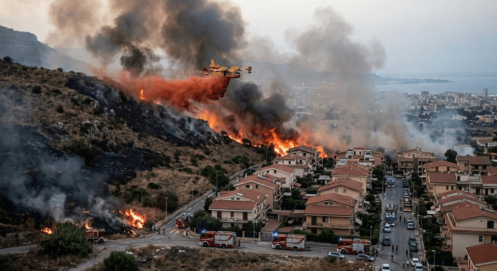 Wildfire Menaces Palermo: Flames Creep Toward Residential Neighborhoods