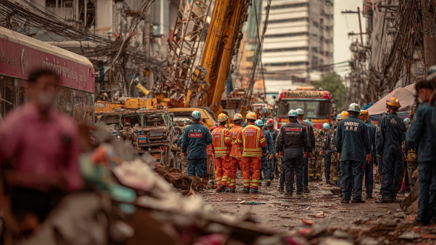 Along Crowded Roads and Rising Towers, Injured Workers Wait Beneath Bangkok’s Interrupted Afternoon Skyline After Collapse