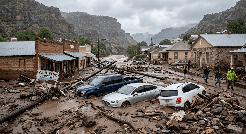 Raging Waters Strike Clifton, Arizona, Burying Cars in Heavy Debris