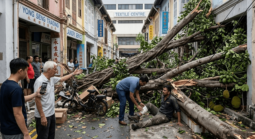 Freak Accident near Jalan Sultan: Migrant Worker Hospitalized After Massive Trees Collapse in Back Alley