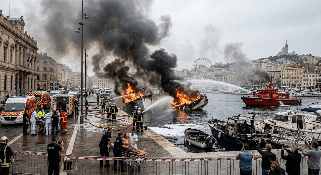 Inferno at the Marina: 14 Injured as Raging Fire Sinks Boats in Marseille’s Iconic Old Port
