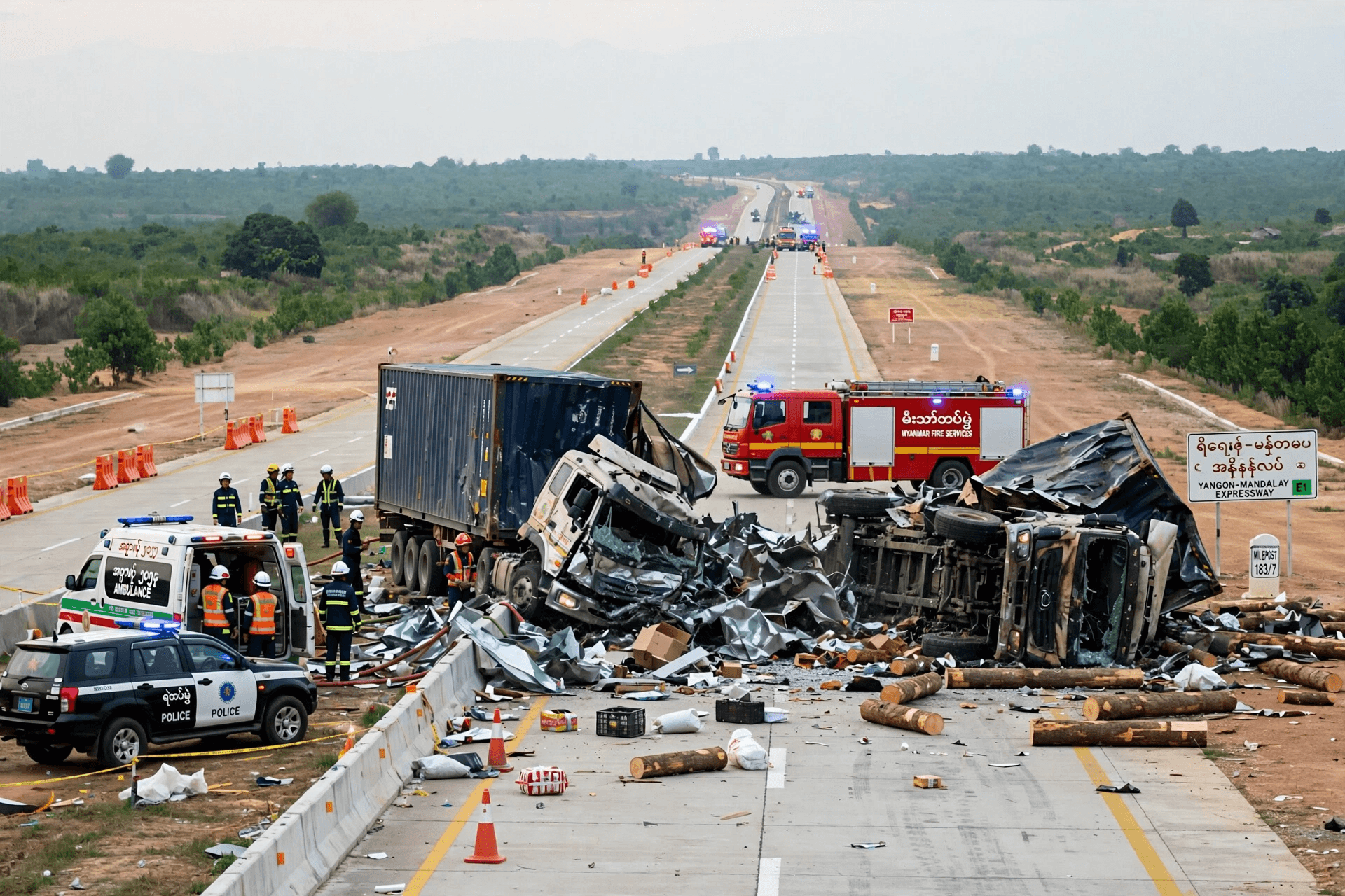 Fatal Collision: Five Killed In Head-On Truck Crash On Yangon-Mandalay Expressway In Myanmar