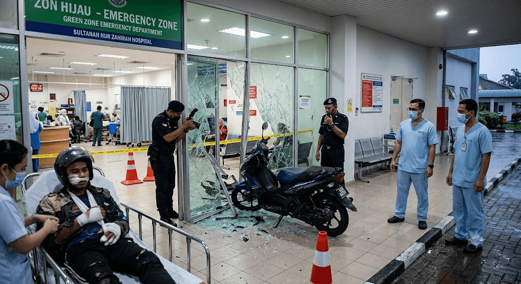 Chaos in Terengganu: Motorcyclist Crashes Straight into Sultanah Nur Zahirah Hospital