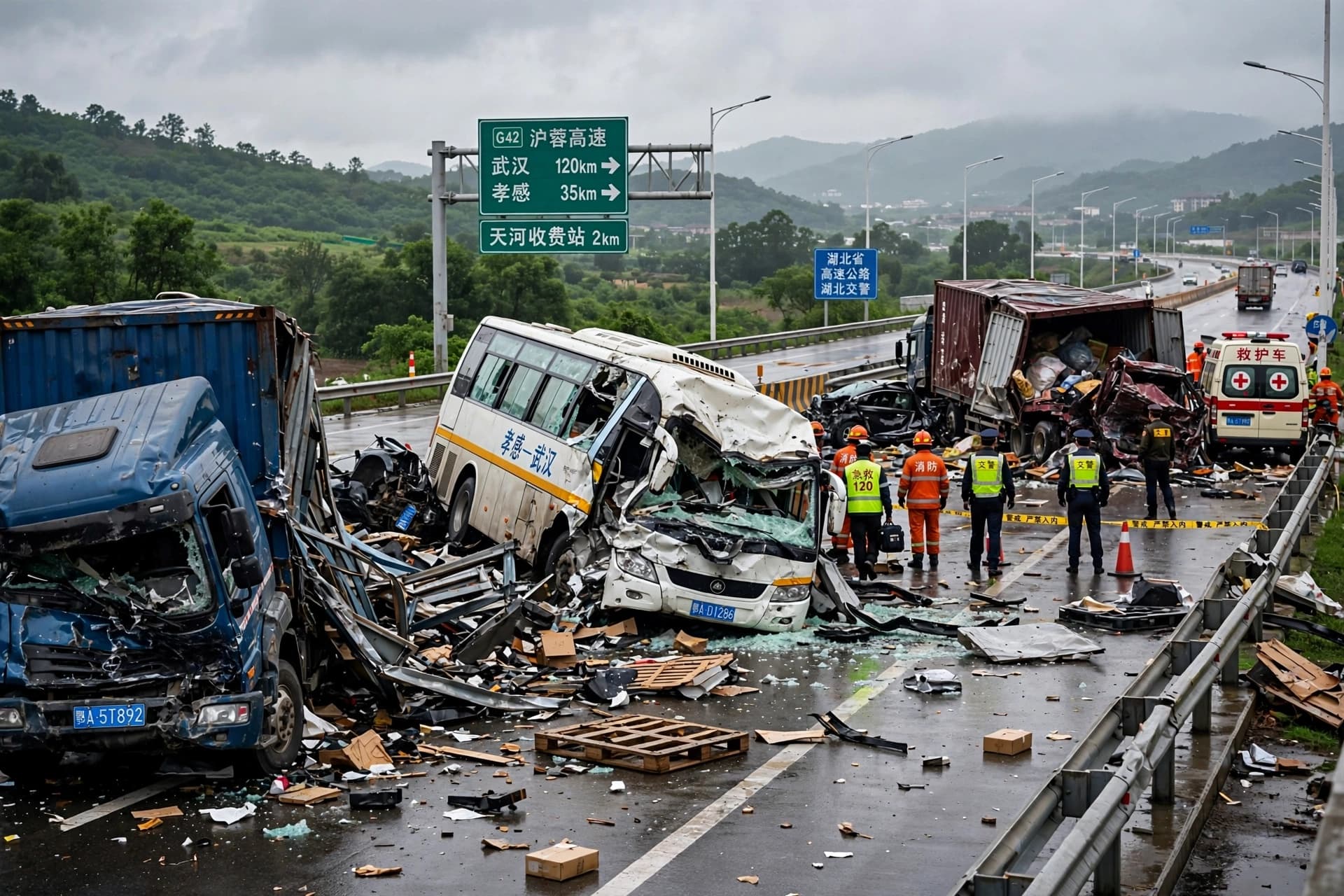 Hubei Highway Pile-up: Four Killed After Collision Involving Passenger Bus and Three Heavy Trucks