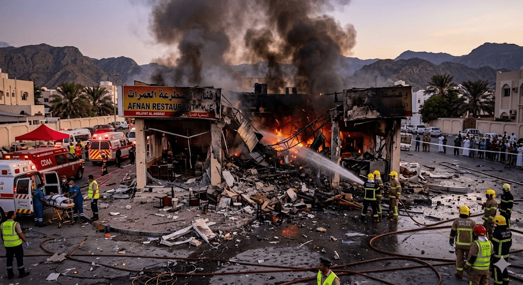 Inferno in Oman: Gas Cylinder Explosion Rips Through Restaurant, Injuring Two