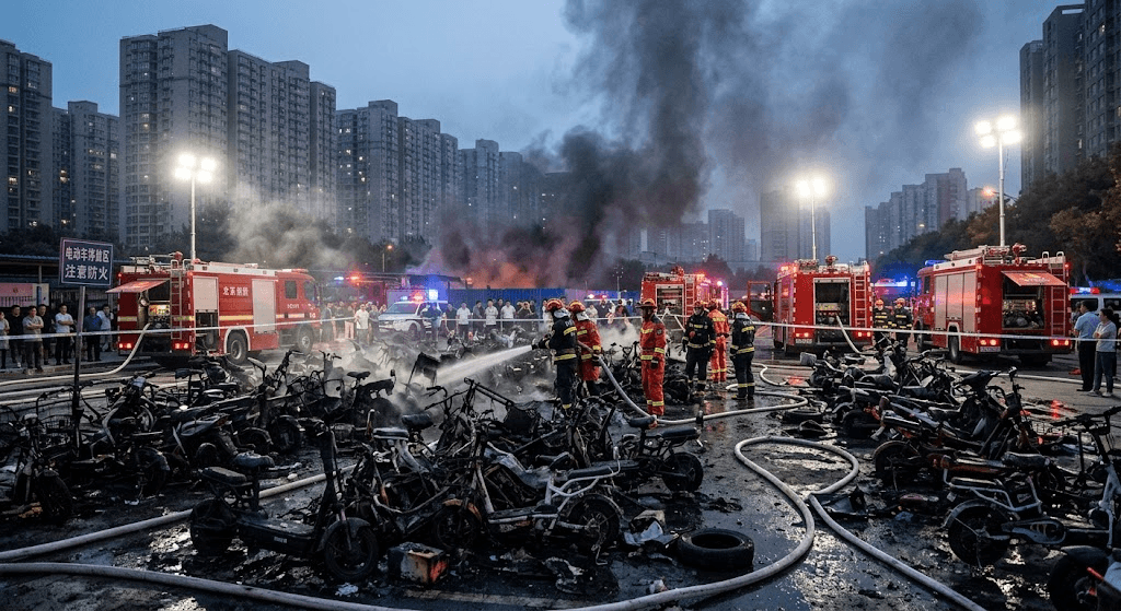 Inferno at E-Bike Depot: Massive Fire Breaks Out at Chinese Parking Area