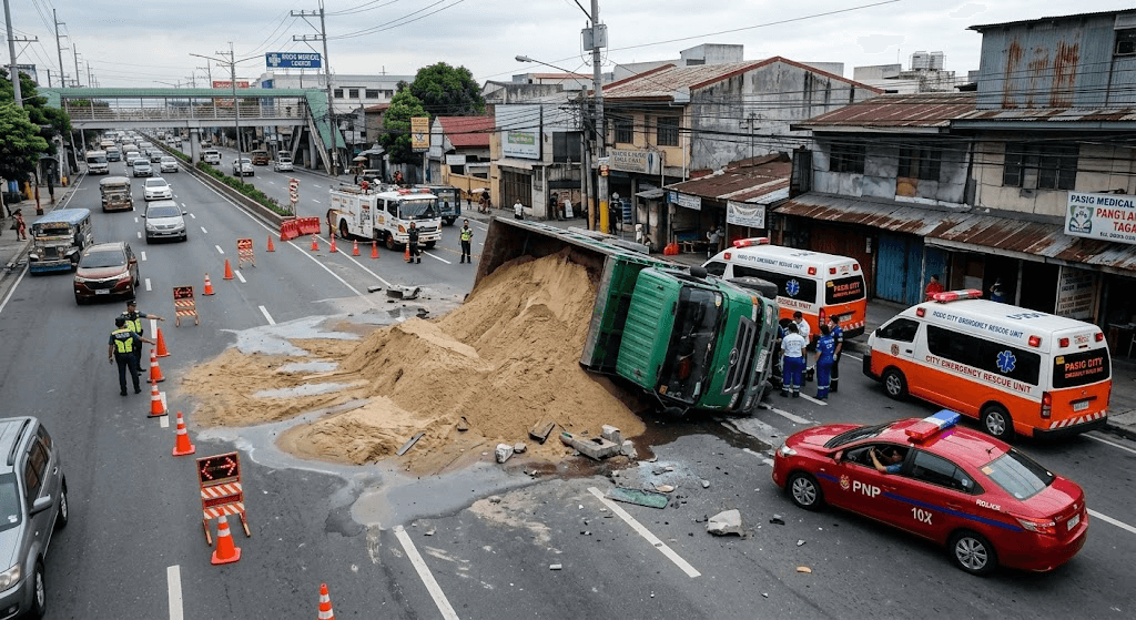 16 Injured as Sand Truck Overturns on Busy Ortigas Avenue Extension in Taytay