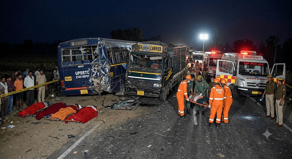 Tragedy on Etah-Aliganj Road: 5 Killed, 11 Injured as Speeding Truck Rams Stationary UPSRTC Bus