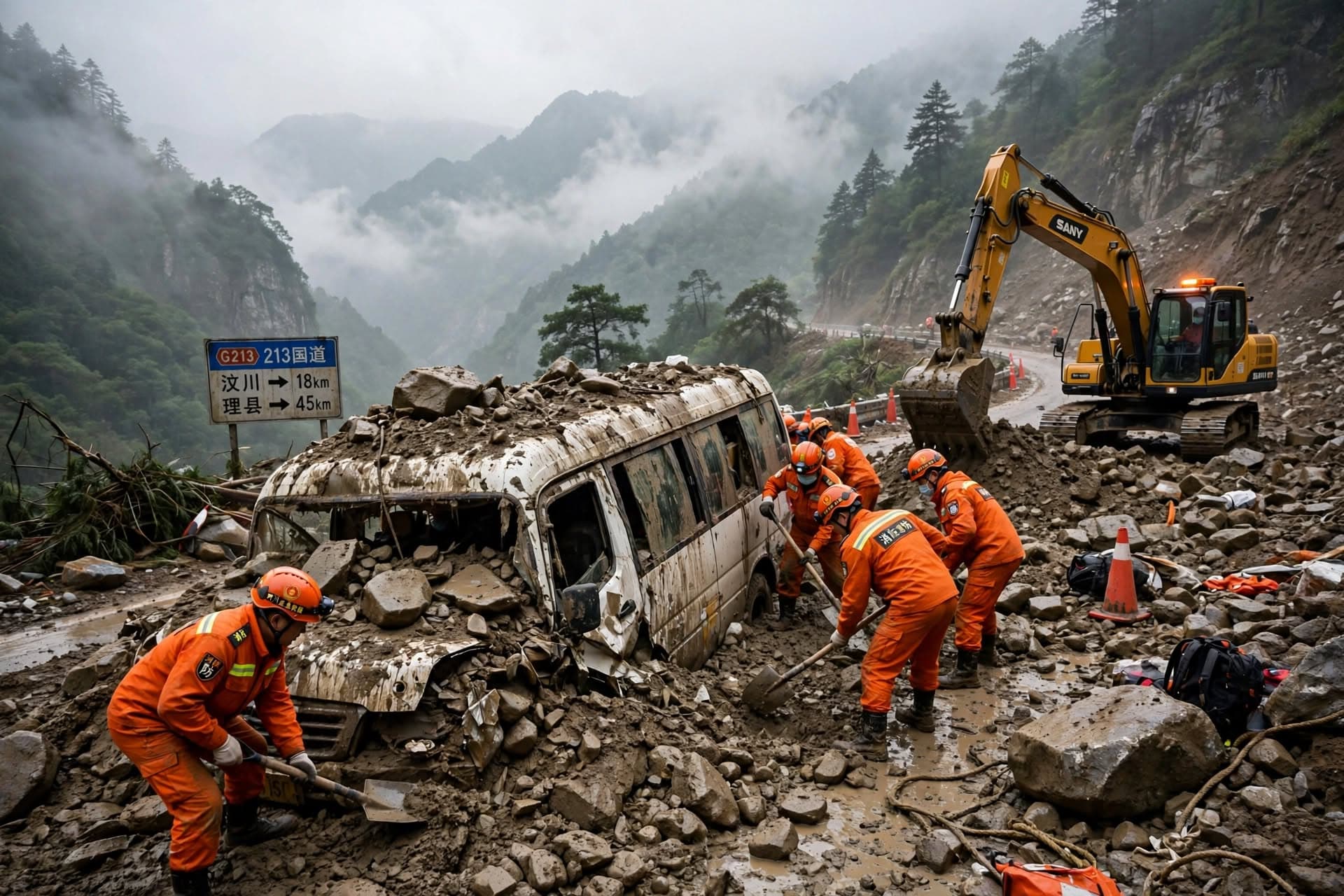 Mountain Highway Landslide In Sichuan, Minibus Swept Off Road, Four Passengers Killed