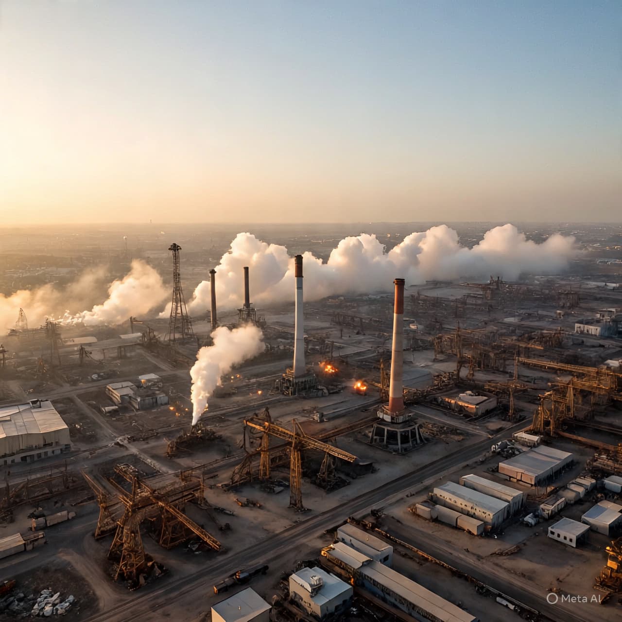 Airstrike over Middle Eastern industrial complex, evening light, neutral documentary style, 1920×1280.
