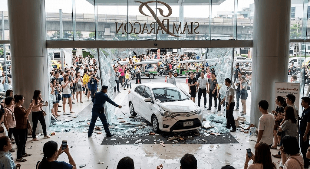 Car Rams Bangkok Mall's Glass Entrance: 6 Injured, Including 6-Year-Old Girl