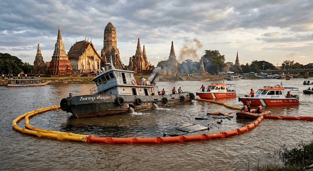 Motorized Tugboat Sinks in Pa Sak River Near Wat Phanon Choeng Worawihan