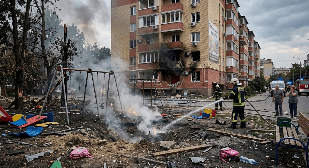 Strike on Kyiv Schoolyard: Russian Attack Ignites Fires near Petrovsky Kvartal