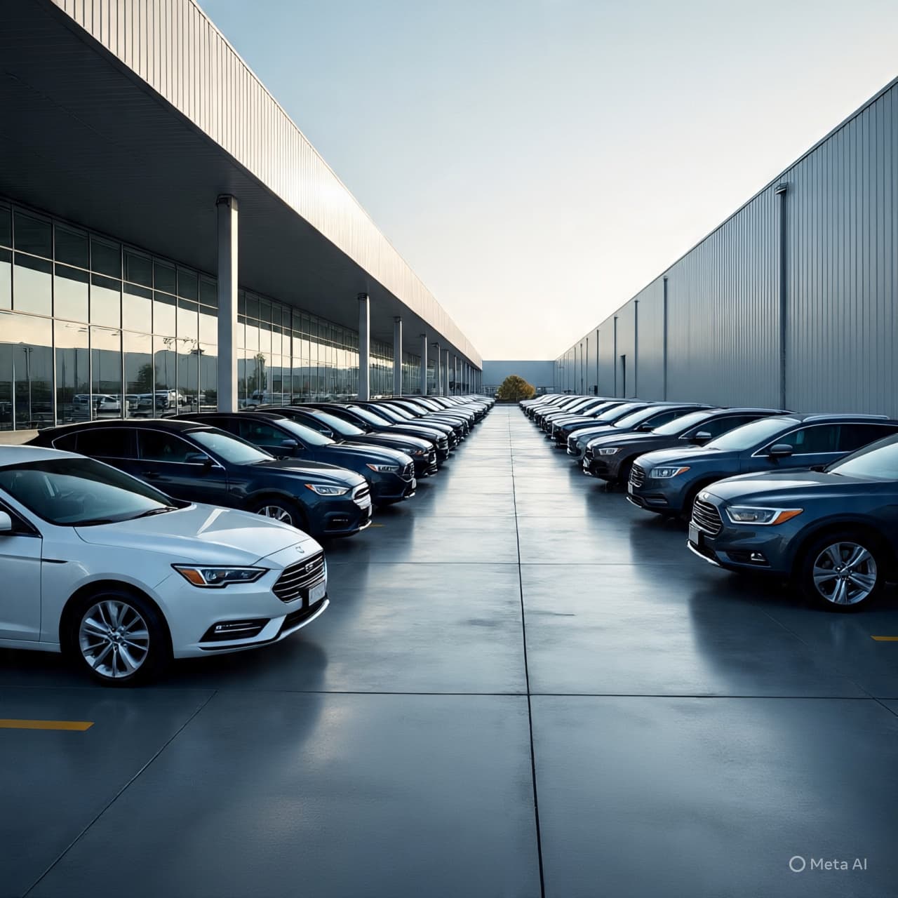 Neutral view of a Ford assembly plant exterior with cars lined up, no people visible.