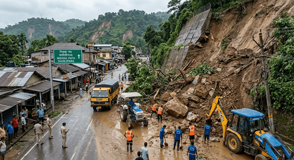 Morning Terror in Guwahati: Massive Landslide Blocks Major Roadway in Kahilipara