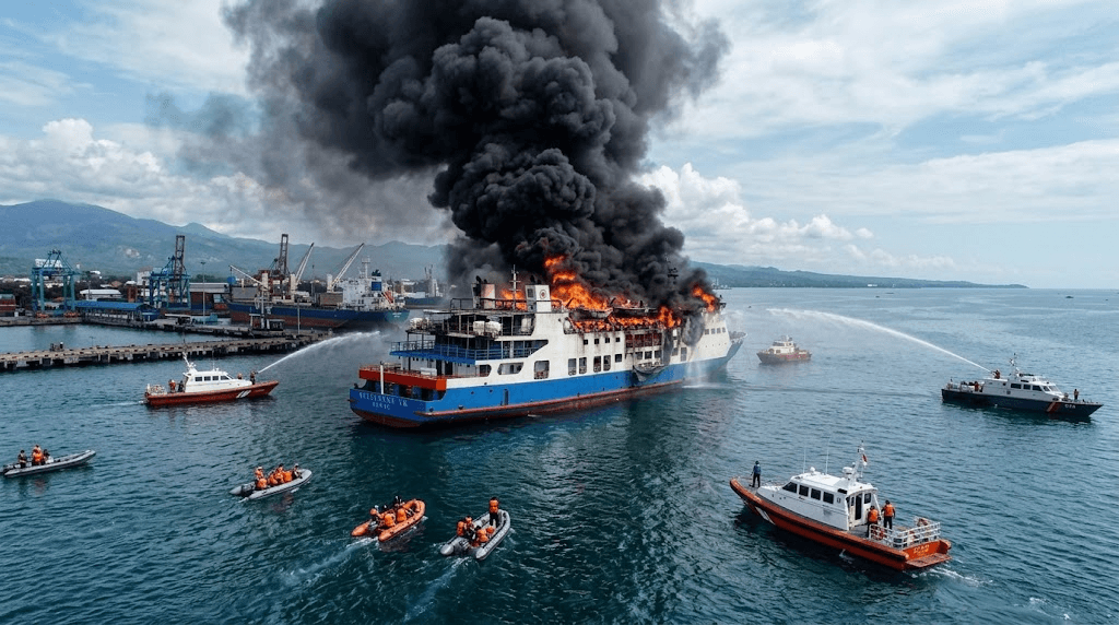 Inferno at Sea: Fire Onboard KMP Batumandi Triggers Emergency Evacuation Near Merak Port