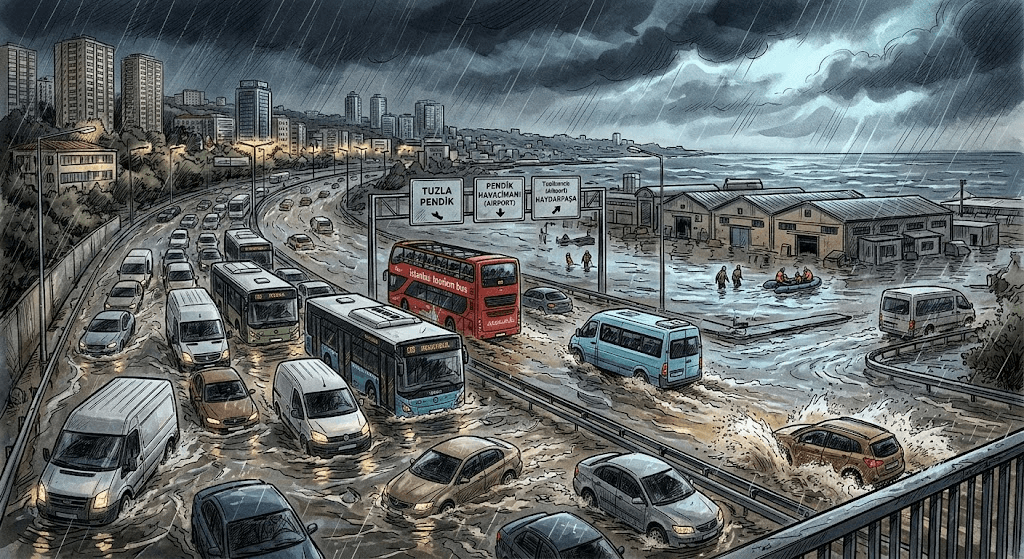 Torrential Downpour in Istanbul: Flash Floods Submerge Tuzla and Pendik Streets