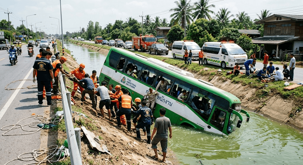 Over 30 Injured After Factory Bus Plunges Into Canal in Thailand’s Chachoengsao