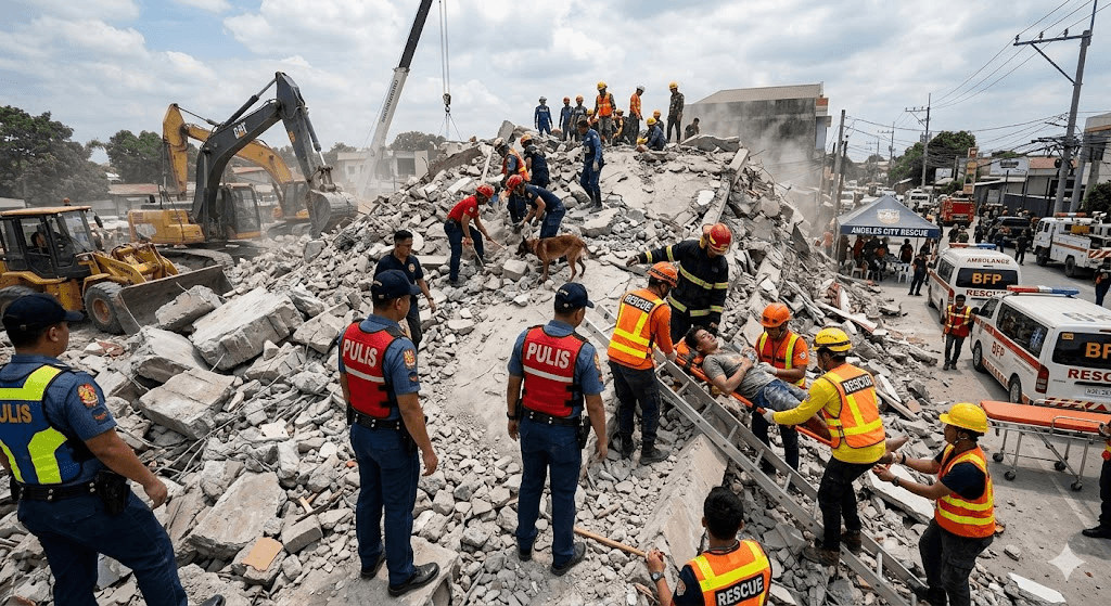 Race Against Time: Rescue Operations Underway After Nine-Story Building Collapses in Angeles City