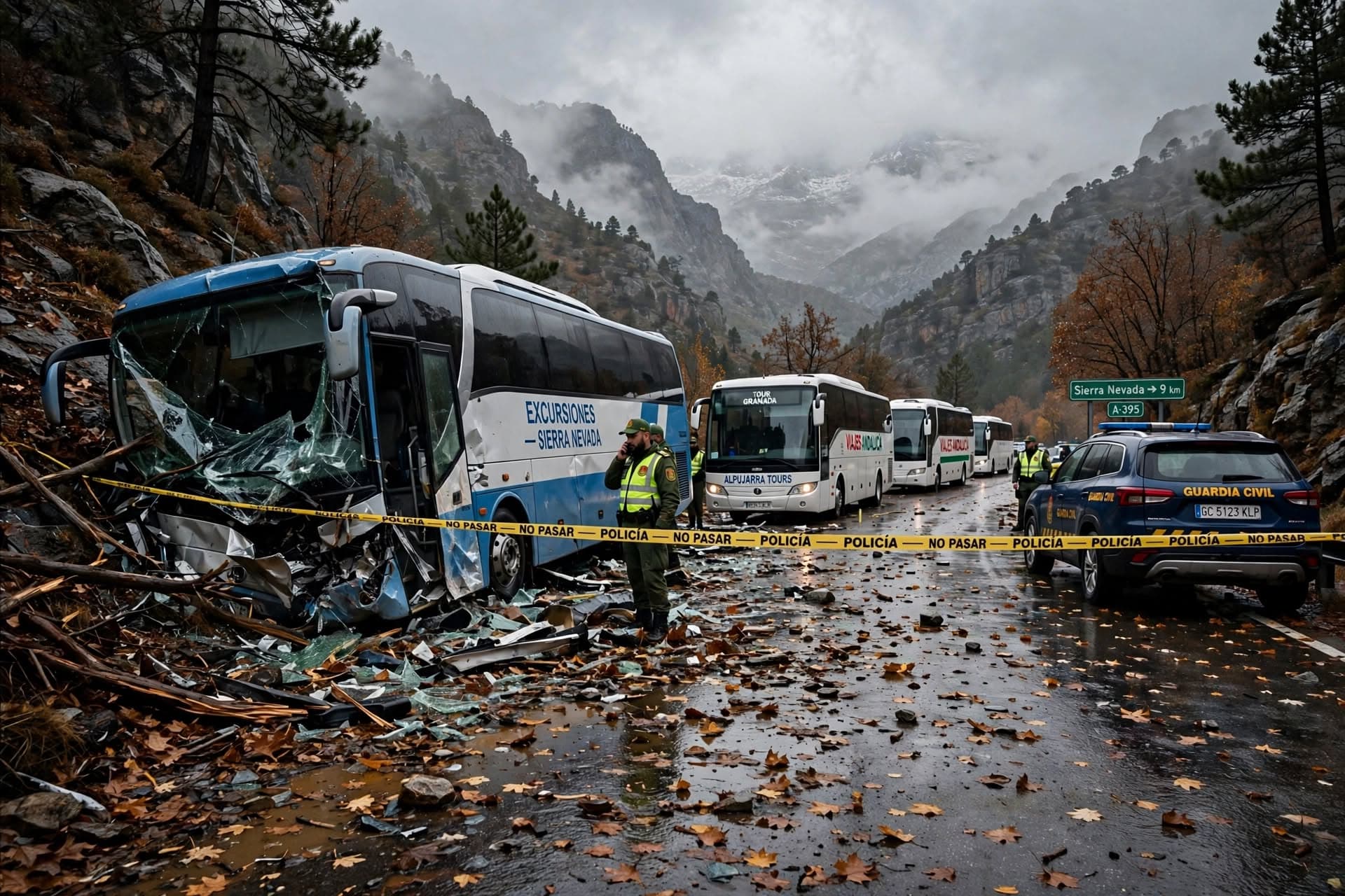 Chartered Tourist Bus Overturns On Mountain Road In Spain, Twelve Injured, Passengers Trapped, Rescue Teams Climb
