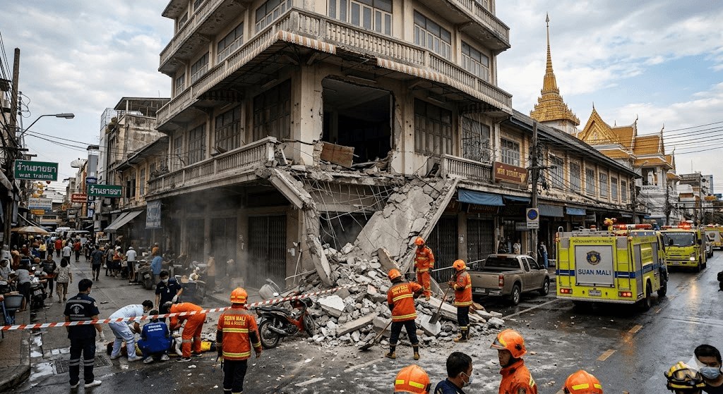 Tragedy in Bangkok: One Dead After Shophouse Near Wat Traimit Collapses