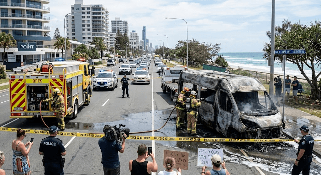 Van Engulfed in Flames on Southern Gold Coast, Triggering Traffic Delays