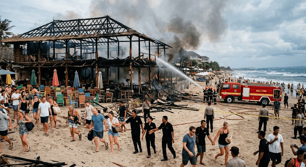Flames Devour Iconic Bali Beachfront Restaurant as Diners and Staff Flee