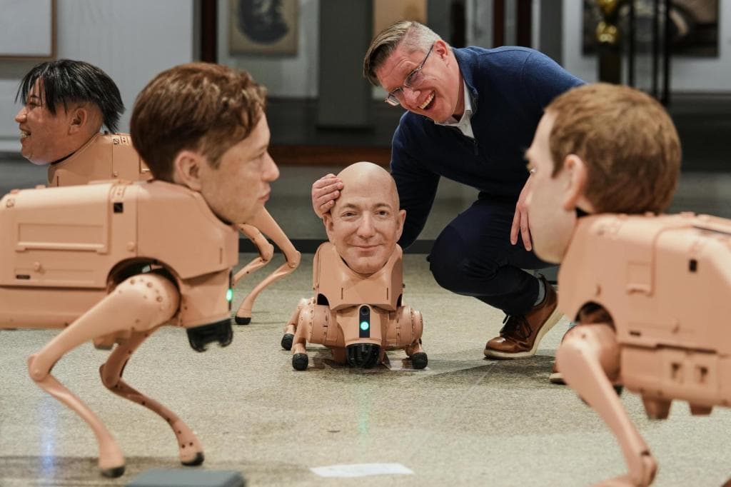 Robot Dogs with Musk and Zuckerberg Heads Roam Around Berlin Museum in Beeple's New Exhibit