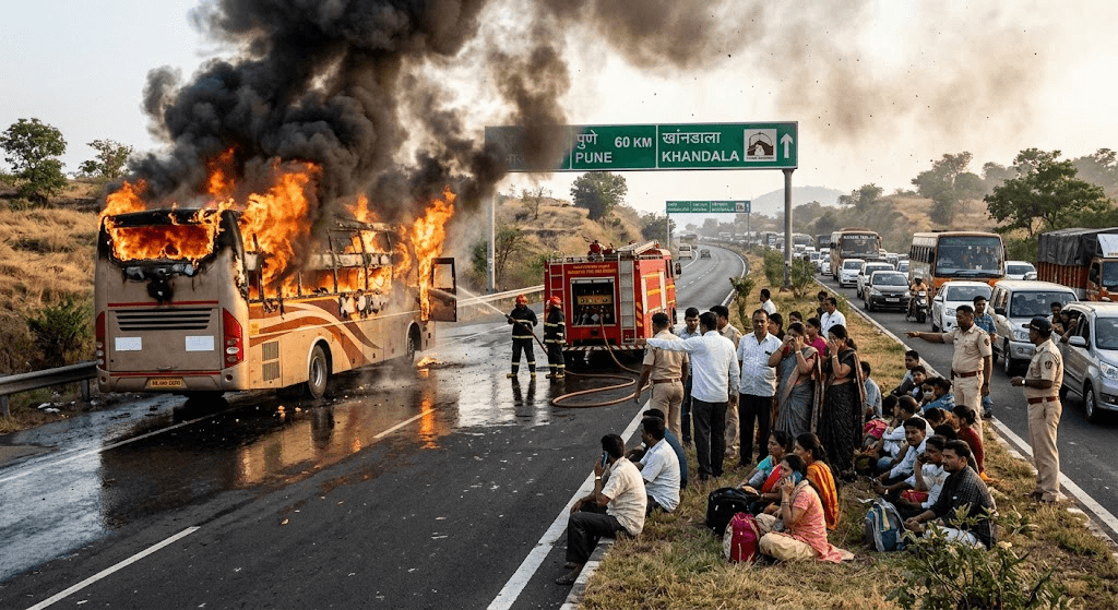 Highway Terror: Bus Catches Fire Along Busy Mumbai-Pune Expressway