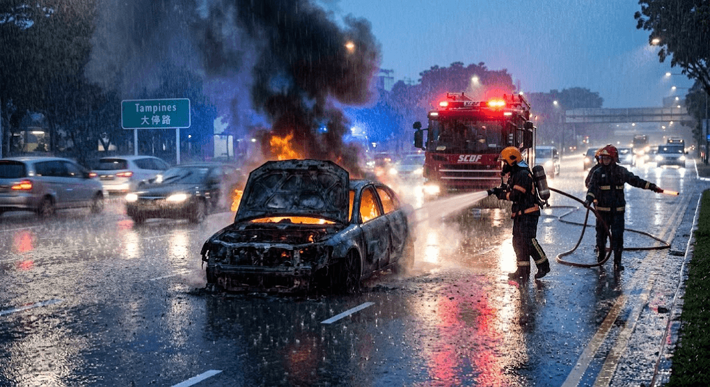 Blaze in the Rain: Vehicle Burns Down Under Heavy Downpour in Tampines