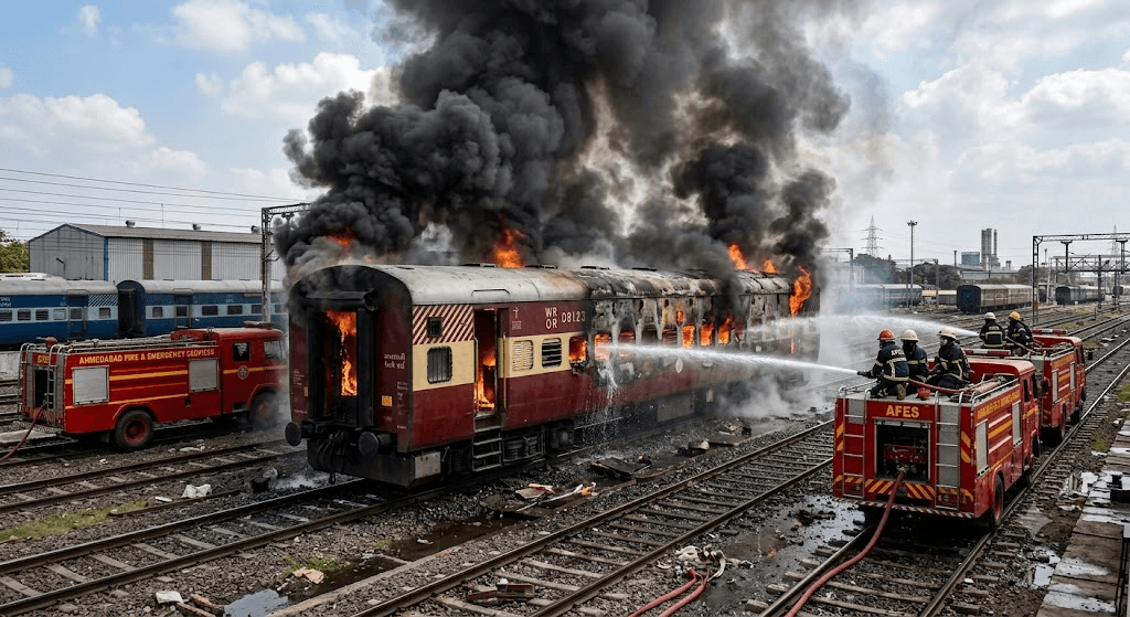Flames in the Yard: Passenger Train Coach Erupts in Fire at Sabarmati Railway Yard
