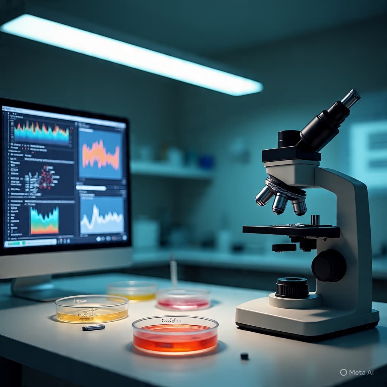 When the Inner Landscape Shifts: A Gentle Look at Gut Signals and A laboratory scene with a microscope, petri dishes, and gut microbiome visualizations Pathology