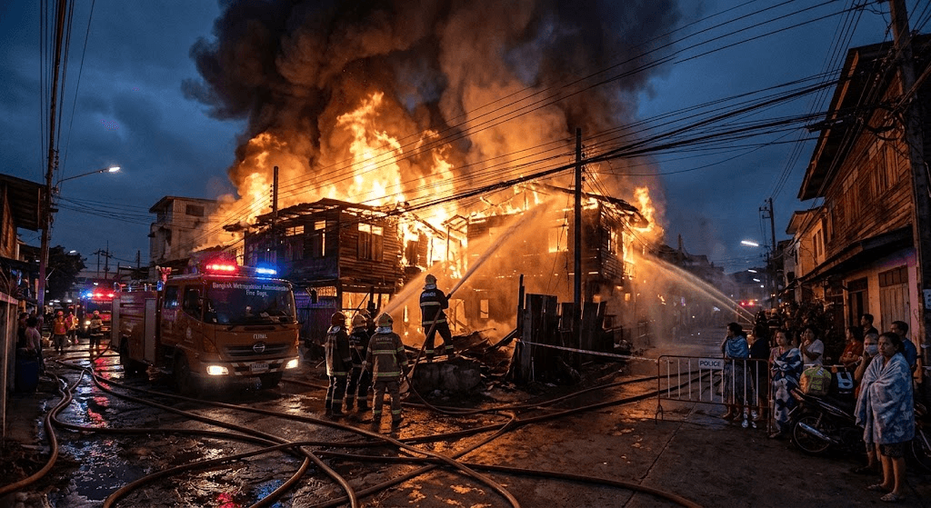 Flames Ravage Bangkok Neighborhood: Fierce Blaze Destroys Homes in Early-Morning Fire