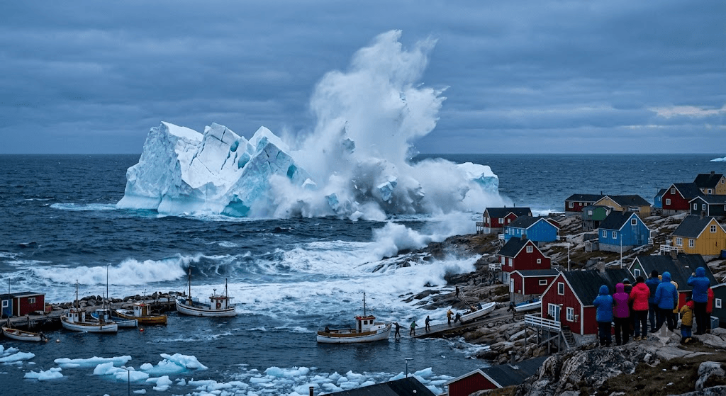 Coastline Chaos: Massive Iceberg Topples and Collapses Near Greenland Settlement