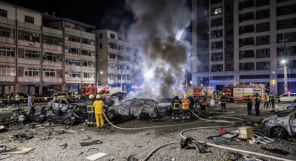 Midnight Inferno: Massive Explosion Shatters Quiet Parking Lot in Tainan, Taiwan
