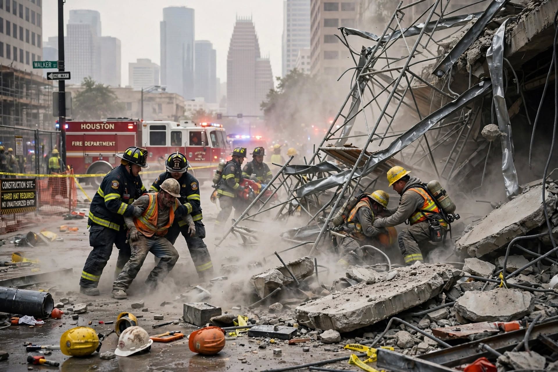 Houston Building Site Suffers Structural Collapse, Four Construction Workers Hurt, Crane Damaged, Area Cordoned Off
