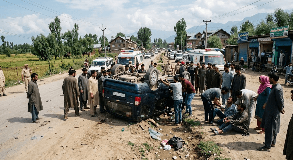 Road Accident in Budgam: Tavera Overturns Near Kawoosa Narbal, Passengers Rescued