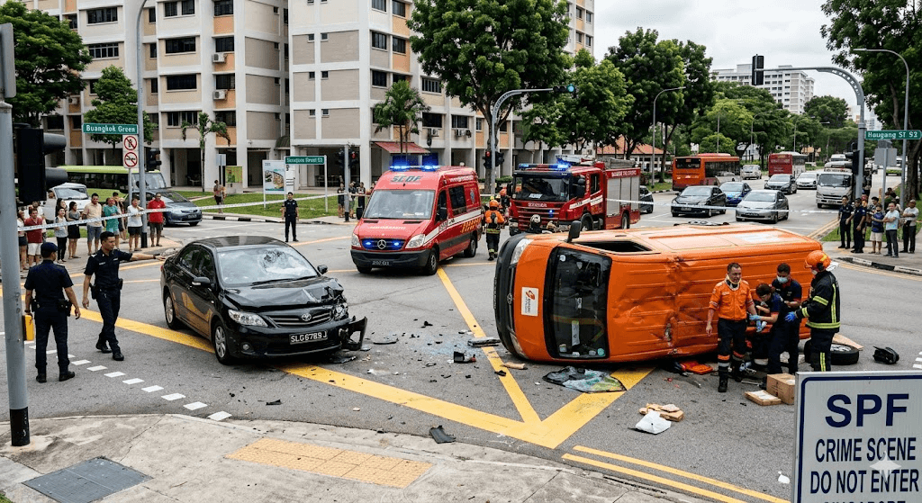 Junction Crash: Driver Hospitalized After Van Flips in Violent Buangkok Collision