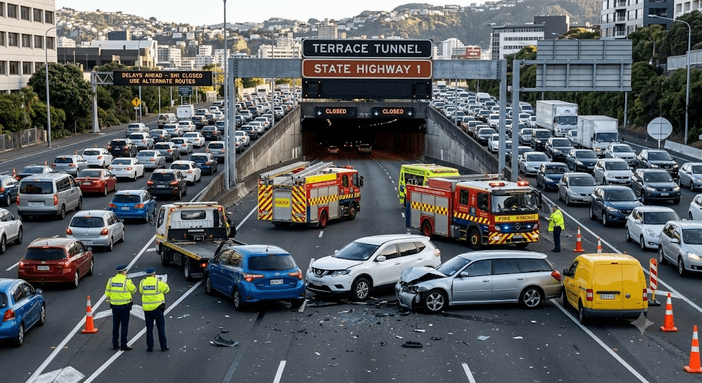 Gridlock in Wellington: Four-Vehicle Crash Blocks SH1 at Terrace Tunnel