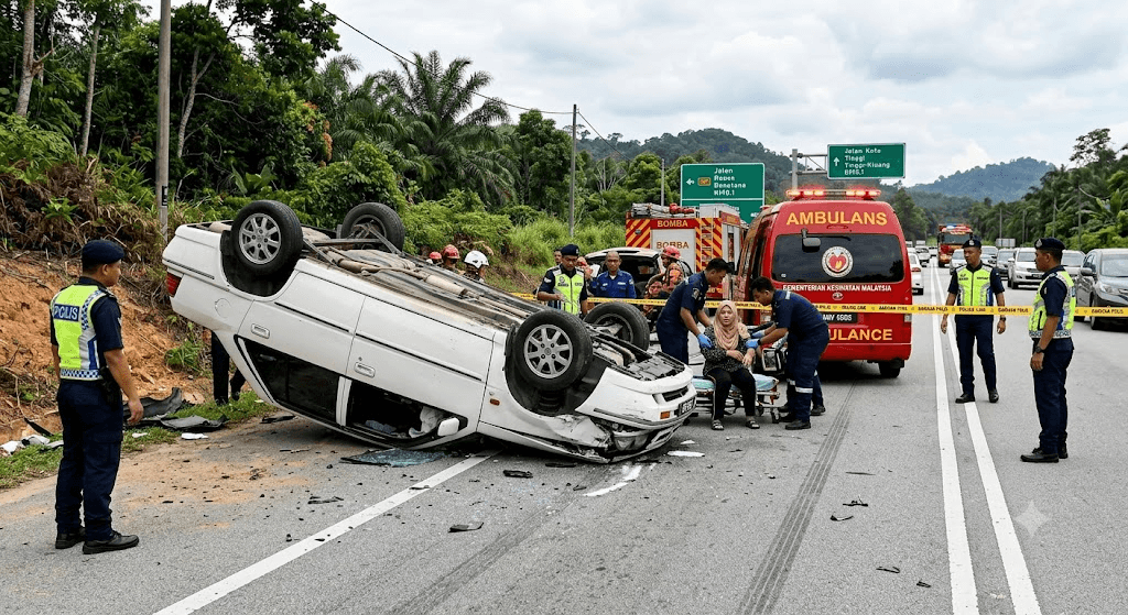 Johor Crash: Car Flips Over After Driver Reportedly Suffers Sudden Heart Attack