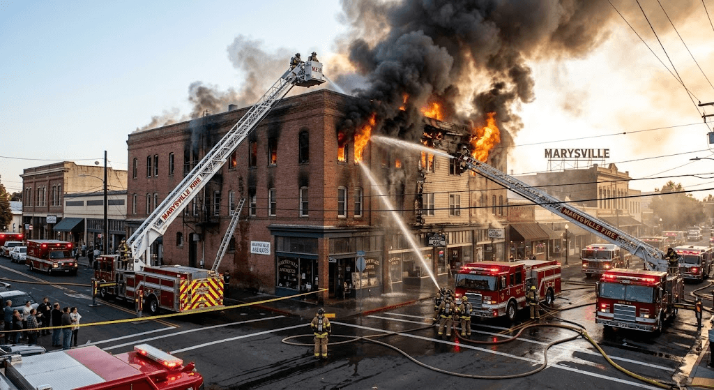 Inferno Hits Downtown: Firefighters Fight Flames at Marysville Mixed-Use Building