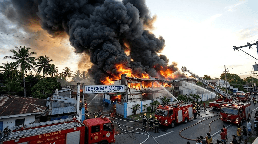 Massive Fire Engulfs Ice Cream Factory in Barangay Bulihan, Batangas