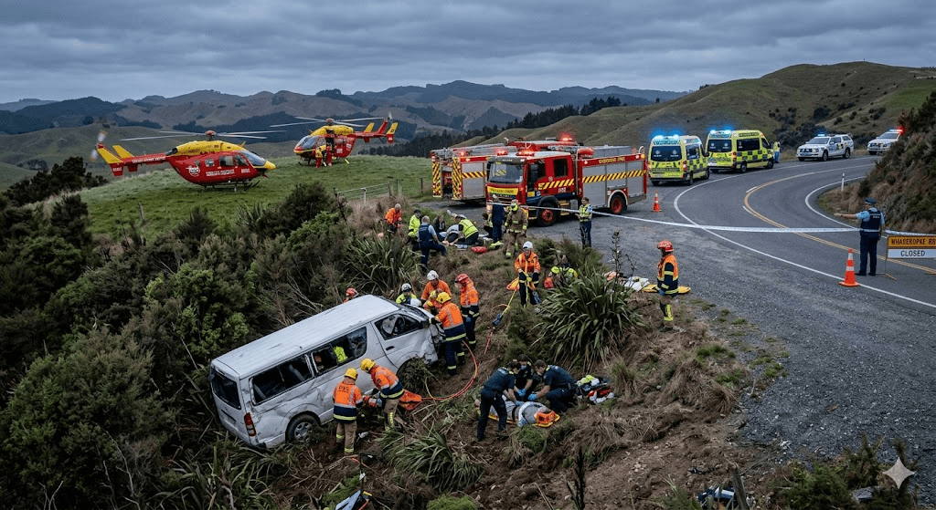 Gisborne Highway Terror: 11 Injured as Van Plummets Off the Road in Major Crash