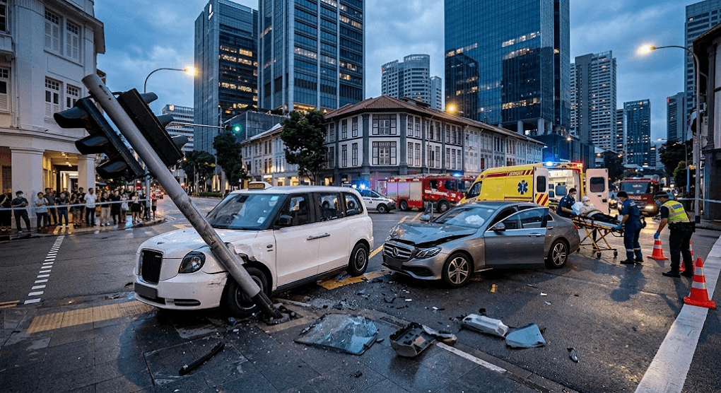 4 Injured After Limousine Taxi and Car Collide in Violent Tanjong Pagar Crash, Demolishing Traffic Light