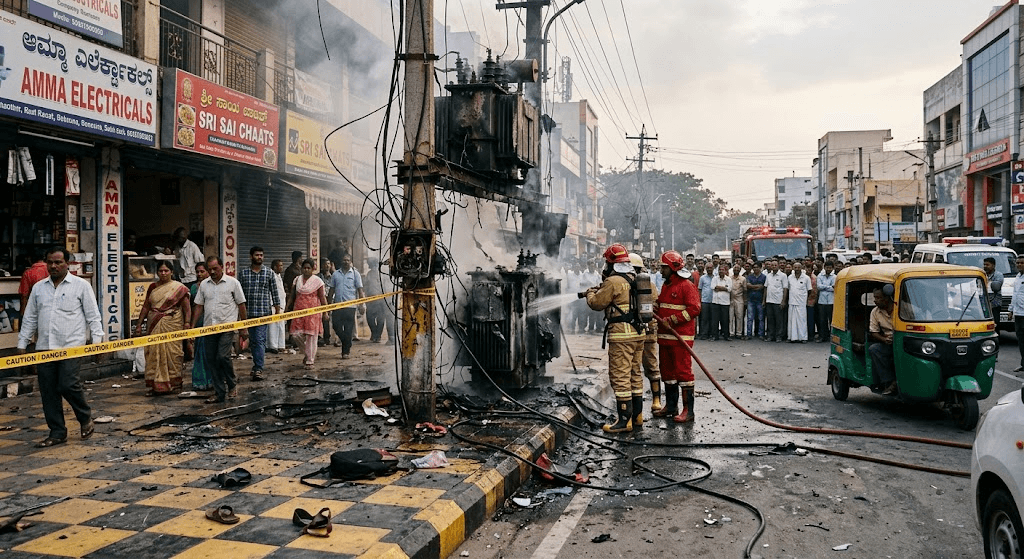 Fiery Blast on Bengaluru Sidewalk: Transformer Explosion Sparks Panic