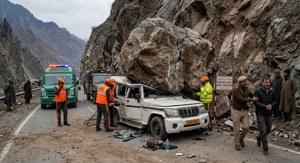 Tragedy in Anantnag: Massive Boulder Crushes Tourist Vehicle, Leaving One Dead