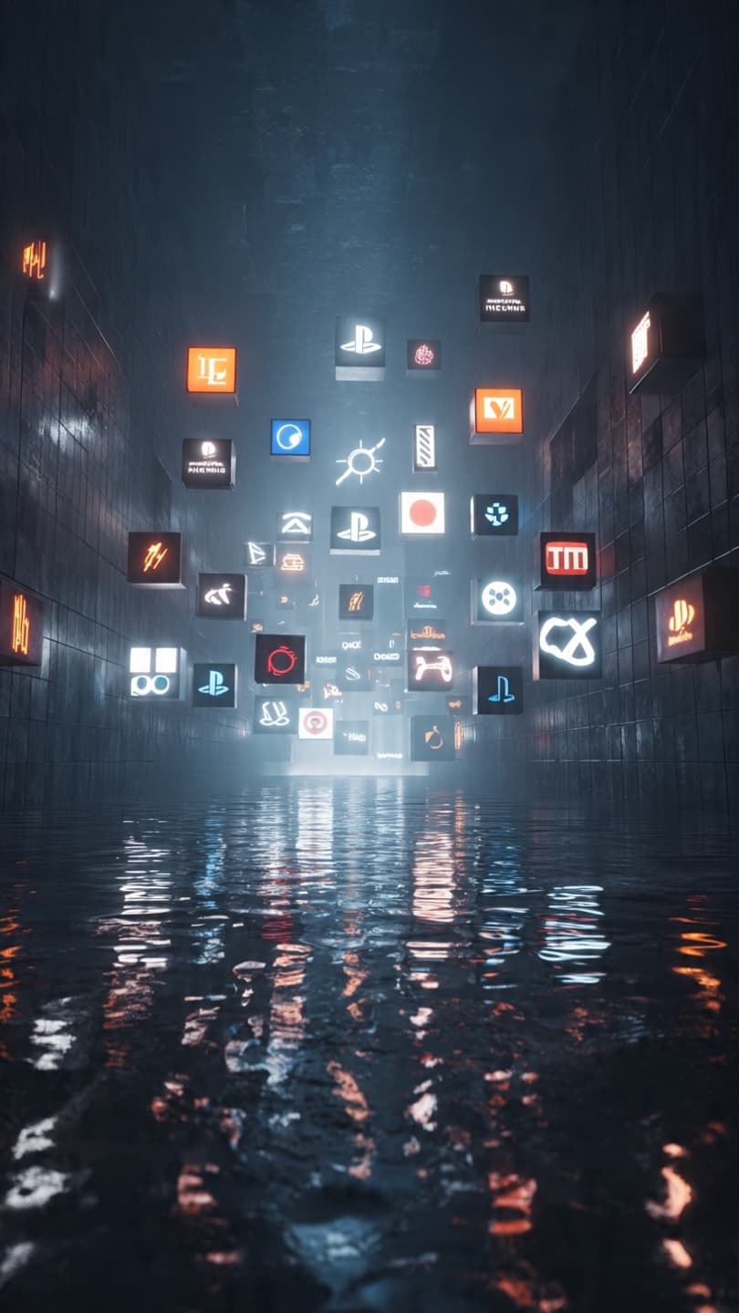 Xbox showcase stage with floating game logos fading between Xbox, PlayStation, and Nintendo branding, realistic, cinematic lighting, 1920x1280