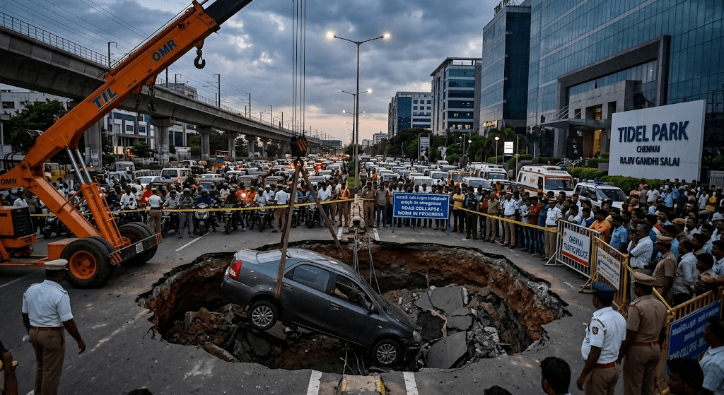 Chennai Horror: Car Falls Into Massive Sinkhole Near Tidel Park